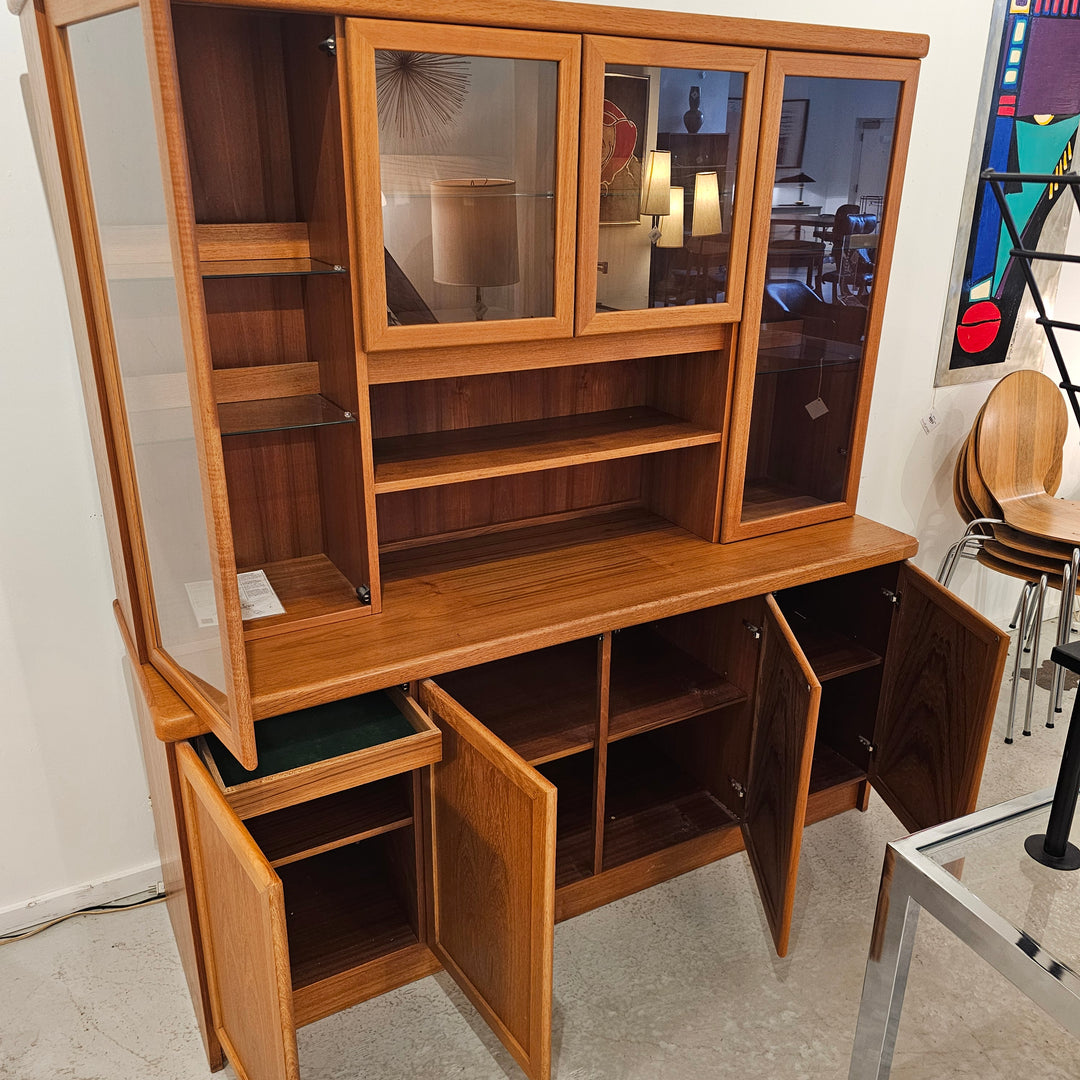 Teak Two Piece Lighted Hutch