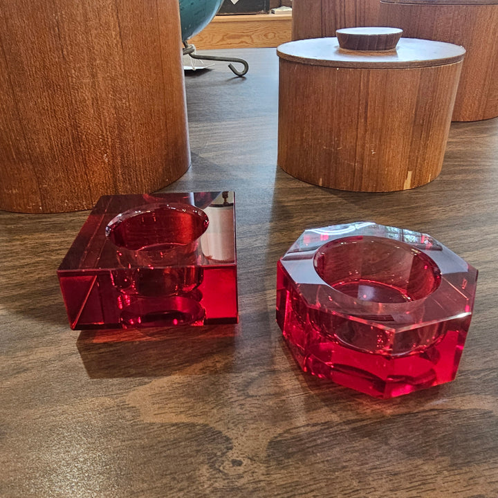 Pair of Red Orrefors Crystal Votive Holders