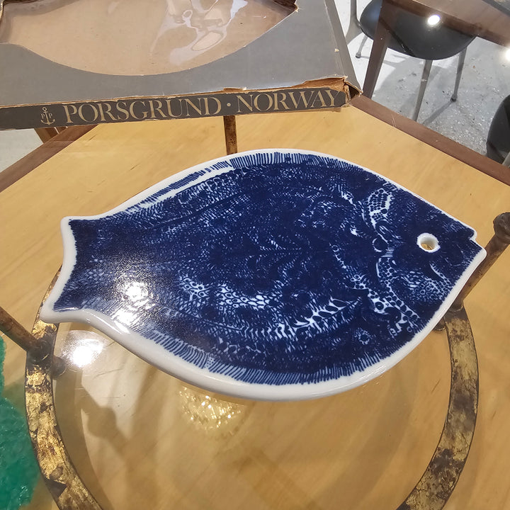 Porsgrund Norway Blue & White Fish Plate (NIB)
