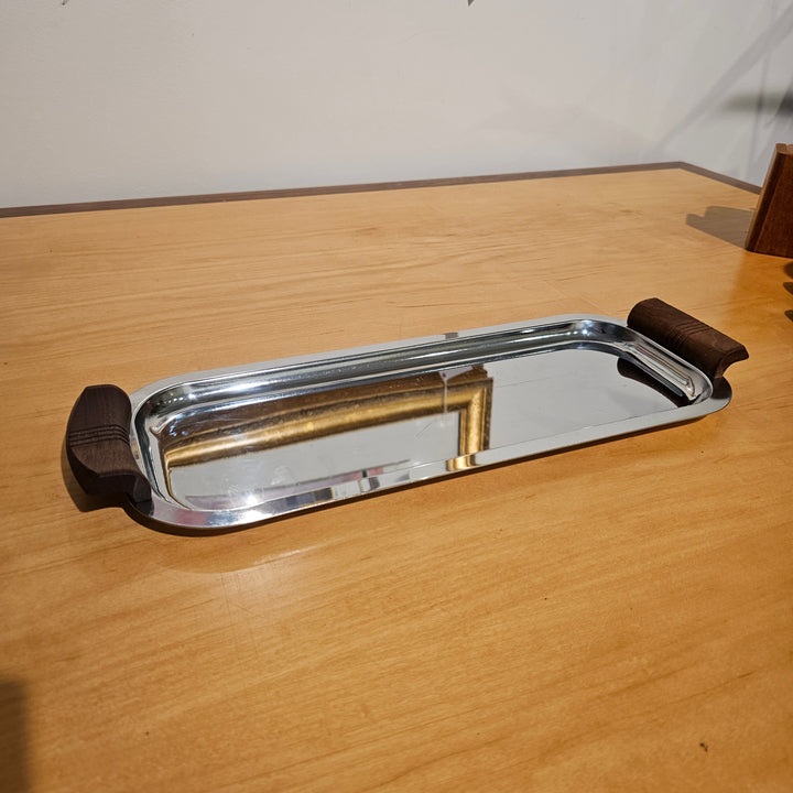 Oblong Chrome Serving Tray with Wood Handles