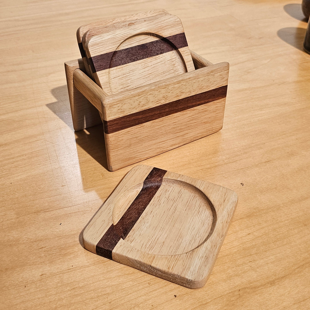 Set of 4 Wooden Coasters and Holder