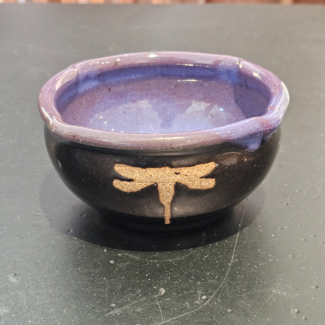 Art Pottery Purple Glazed Dragonfly Bowl - Signed "J Anderson"