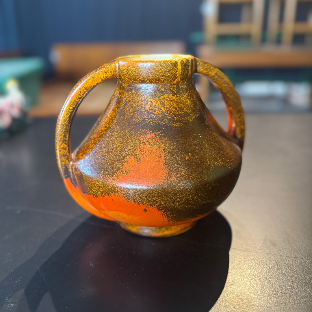 Orange and Brown Ceramic Pitcher with Handles