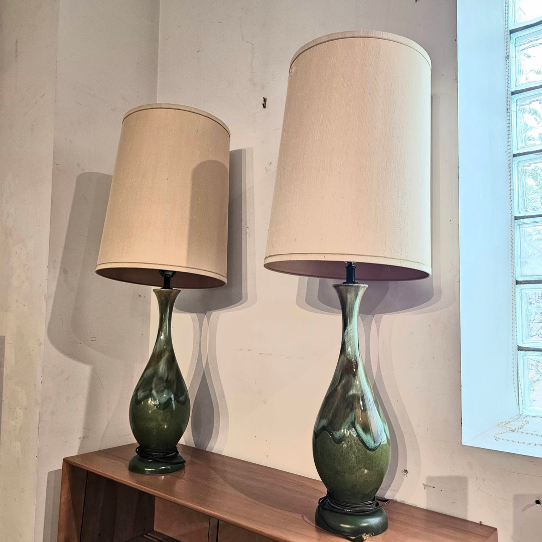 Pair of Green Drip Glaze MCM Table Lamps
